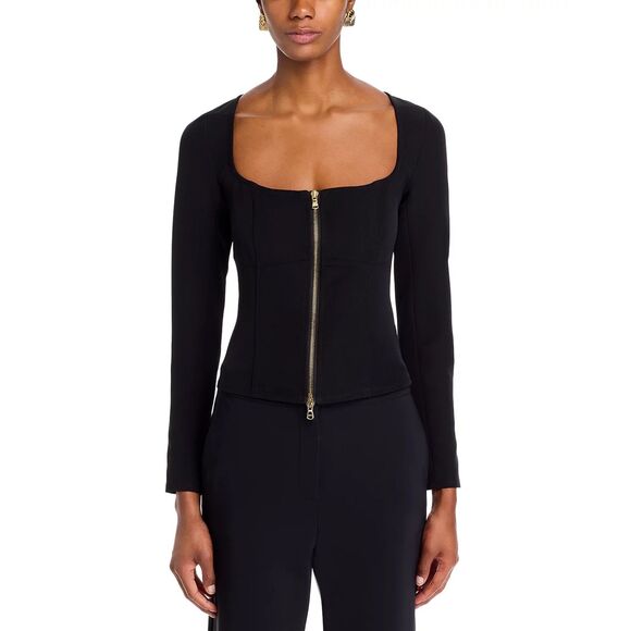 NWT L'AGENCE Paris Ainslee Zip Up Scoop Neck Long Sleeve Top in Black Size 0 - Picture 3 of 16